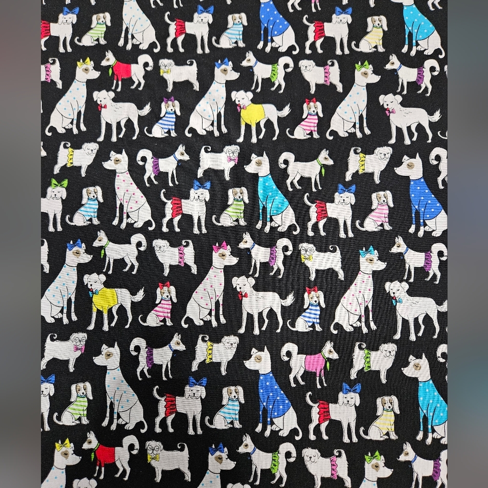 Multi Dogs Print On Black Cotton Fabric. Priced Per Yard